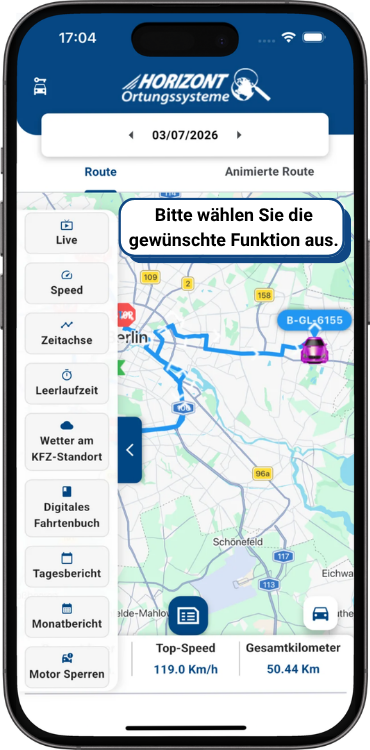 App-Ansicht mit erweiterten Funktionen des Fahrzeugortungssystems