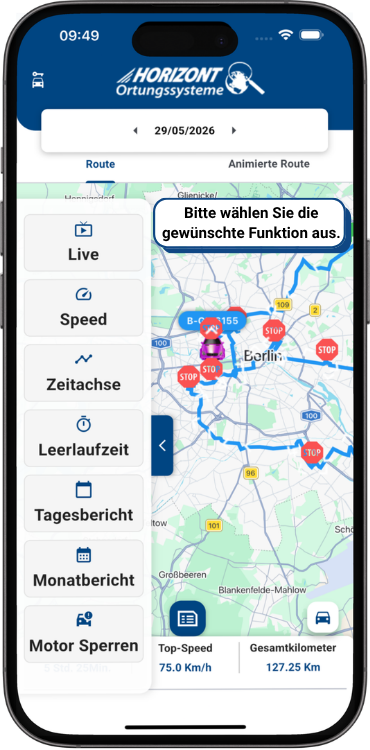App-Ansicht mit erweiterten Funktionen des Fahrzeugortungssystems