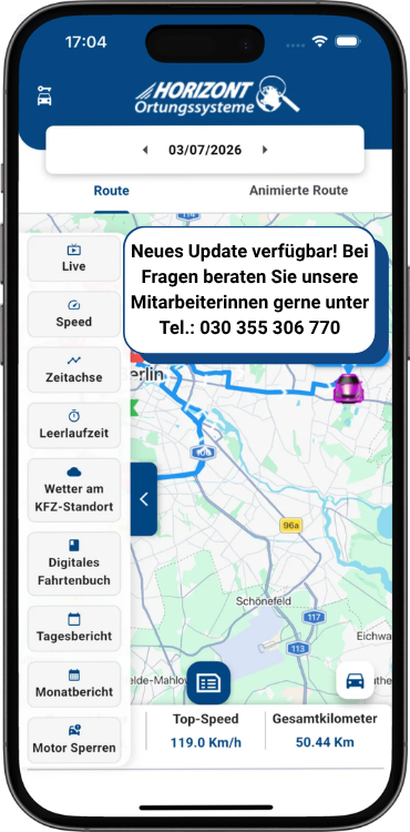 App-Ansicht mit erweiterten Funktionen des Fahrzeugortungssystems